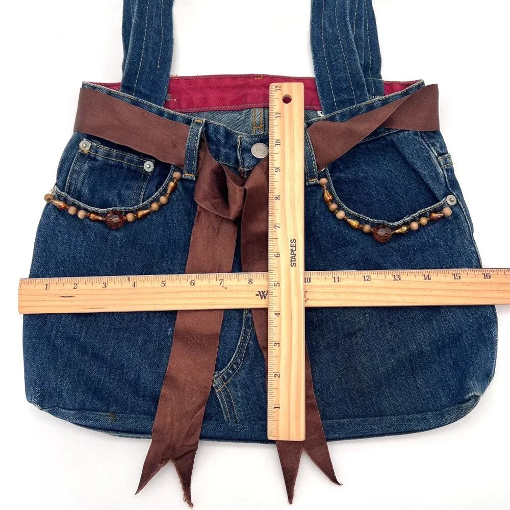 Upcycled Denim Handbag Purse Chic Beaded Pockets & Brown Ribbon FM Jeans Button - Picture 9 of 14